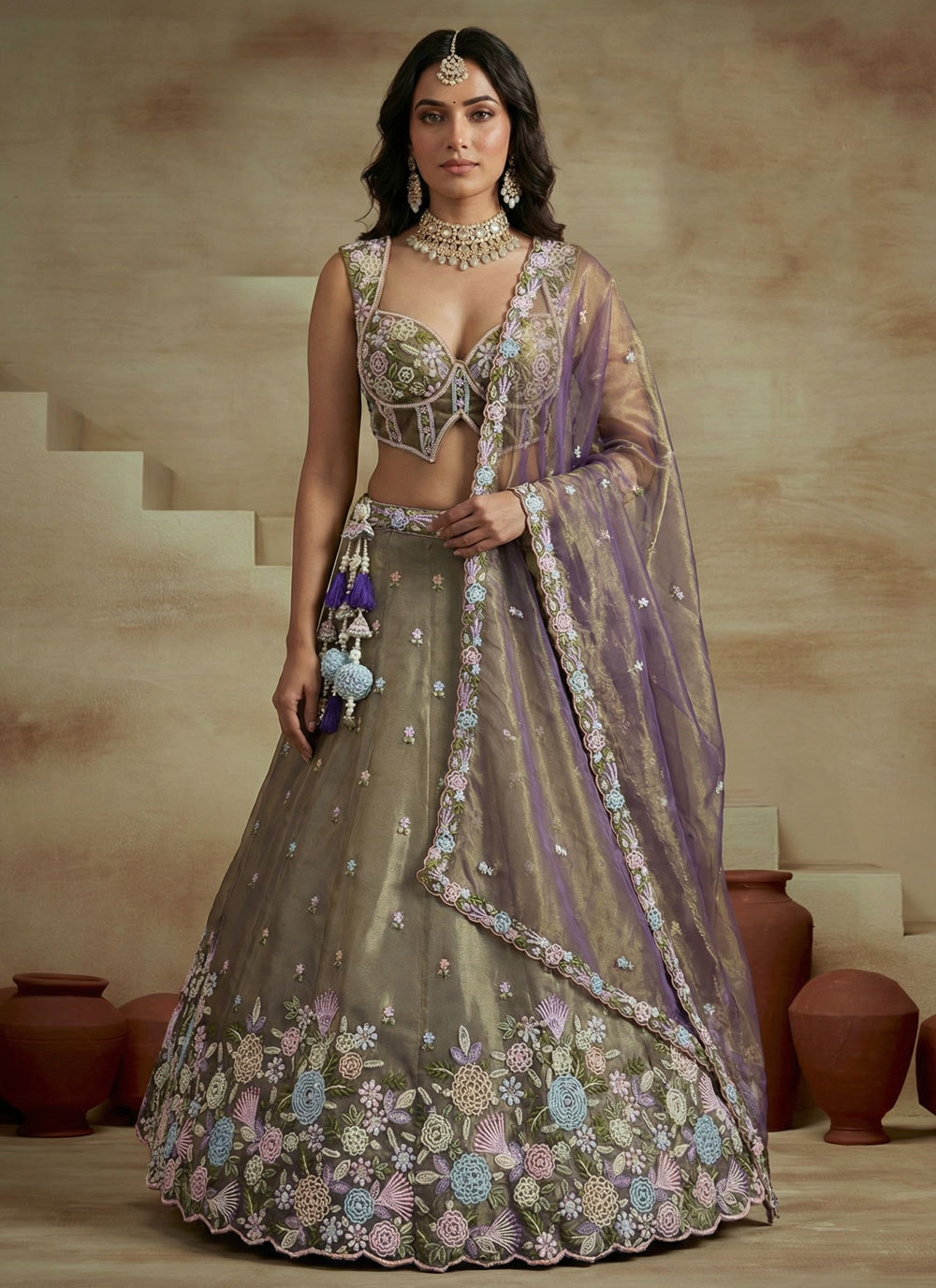 Tissue Beads Embroidered Cutwork Purple Lehenga Choli for Engagement - Buy Online