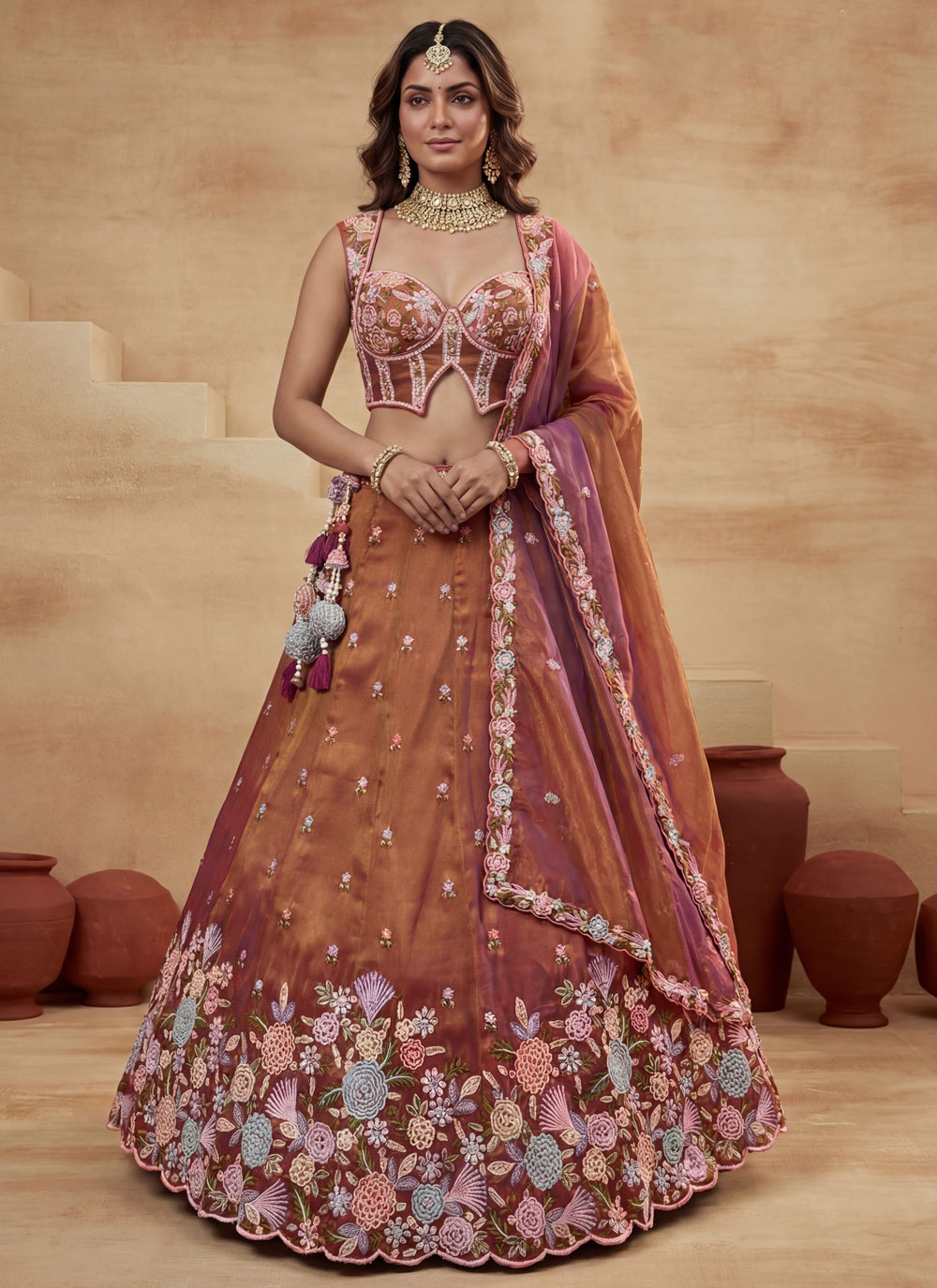 Rust Beads Embroidered Tissue Reception Lehenga Choli - Buy Online
