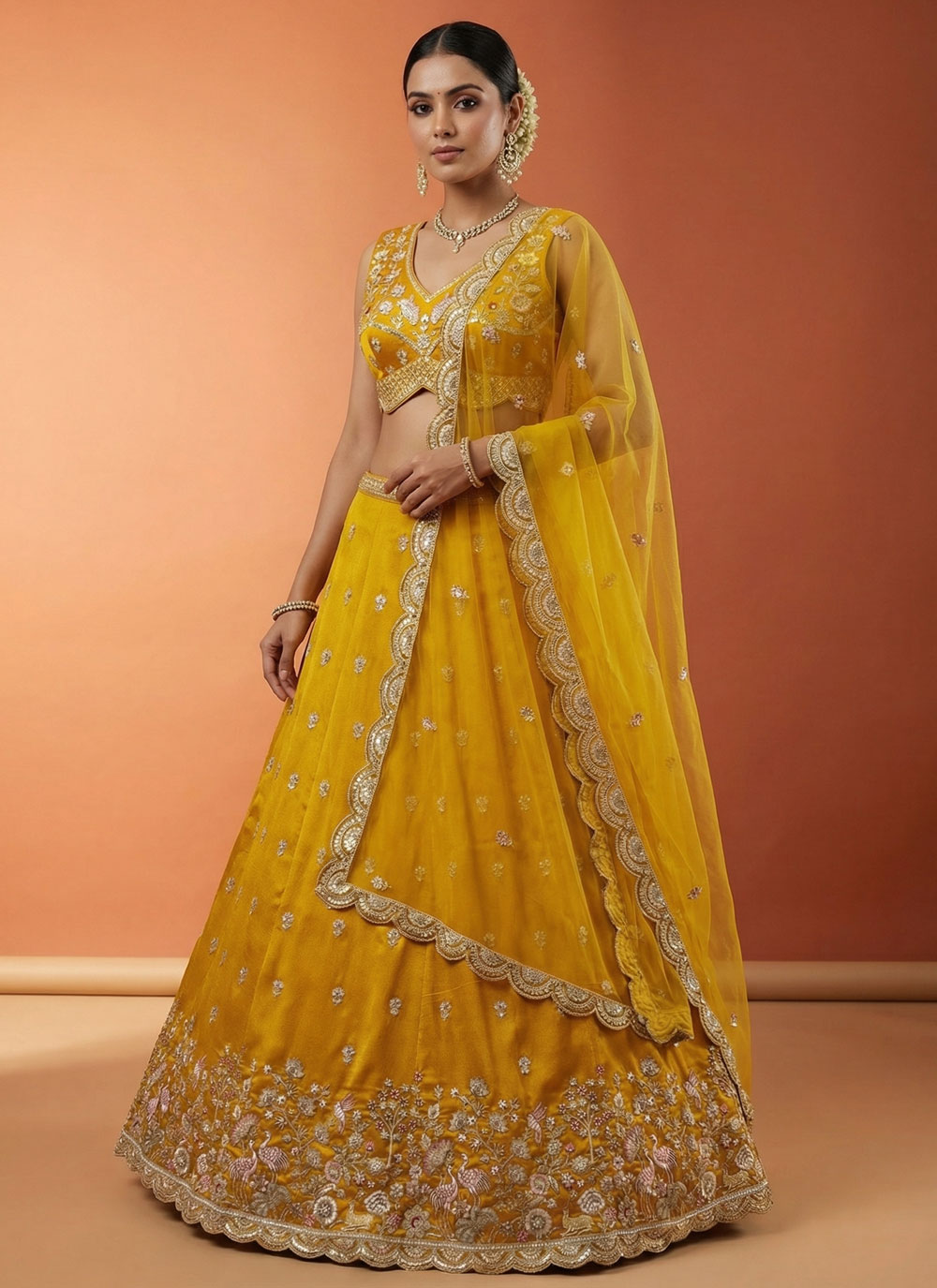 Mustard Chinon Silk Sequins Embroidered Wedding Lehenga Choli - Buy Online