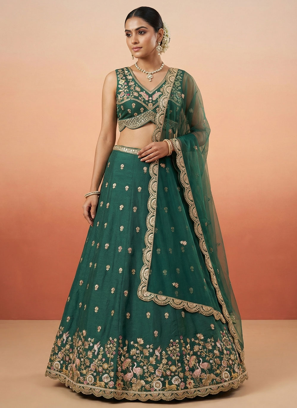 Green Sequins Embroidered Chinon Silk Designer Lehenga Choli - Buy Online