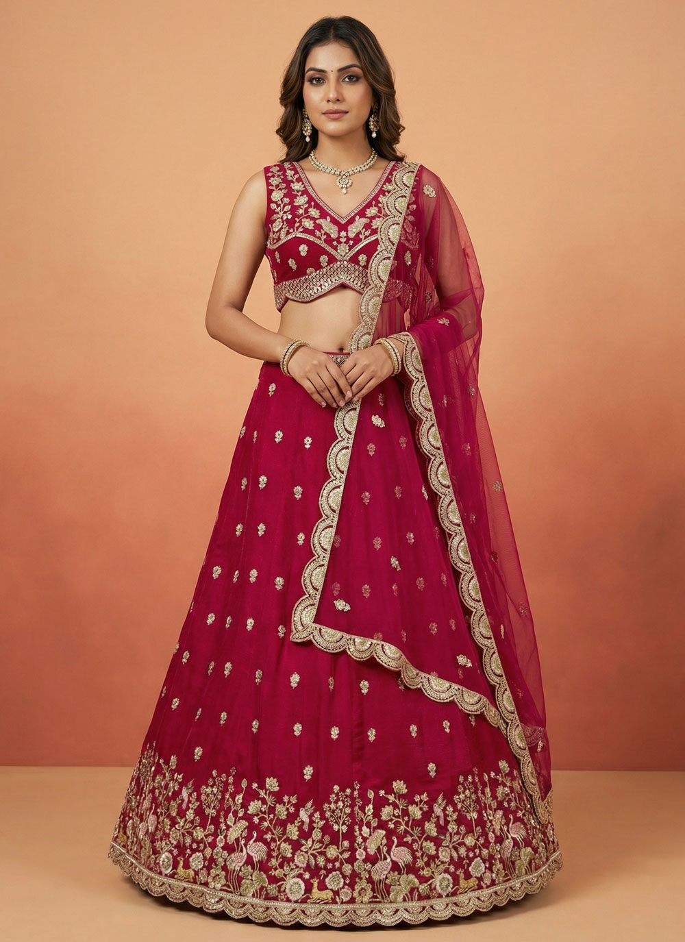 Chinon Silk Embroidered Engagement Lehenga Choli - Buy Online