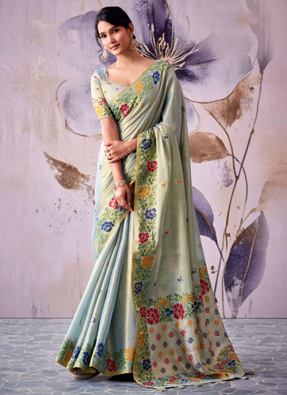 Sea Green Tissue Silk Print and Border Work Classic Saree - Buy Online