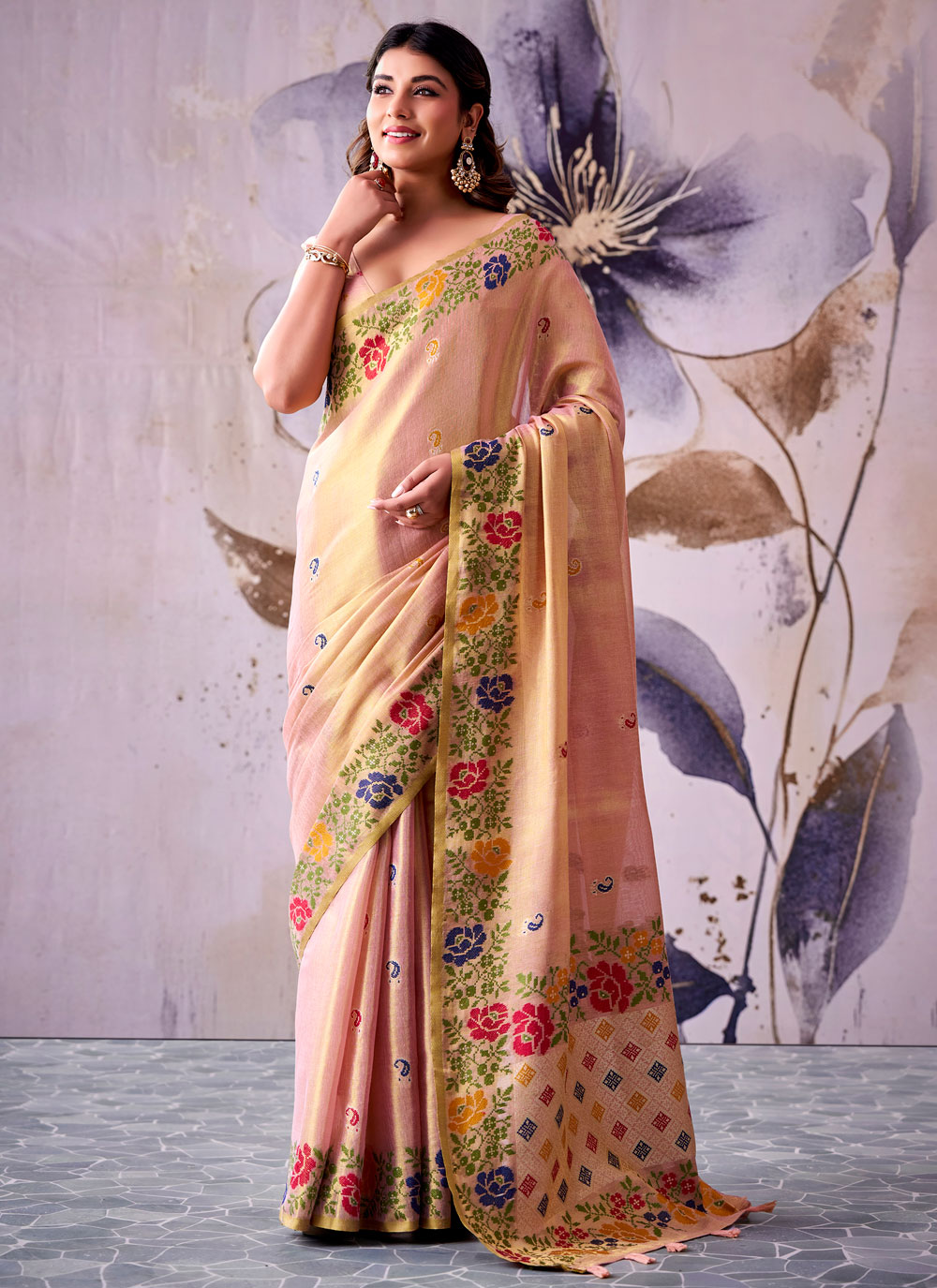 Tissue Silk Pink Border and Print Work Trendy Saree - Buy Online