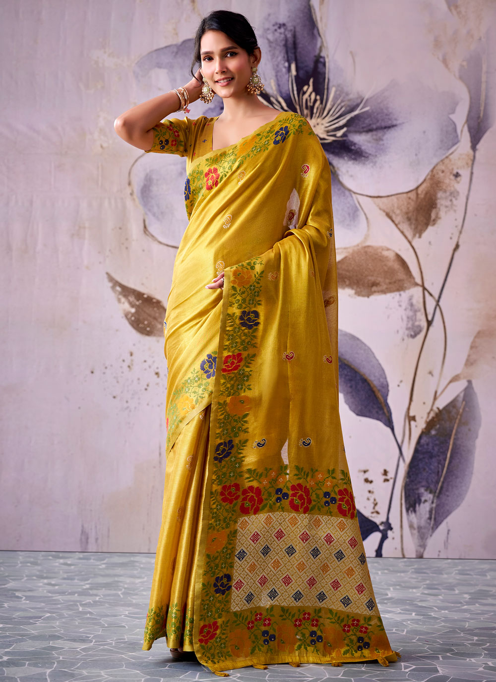Yellow Print and Border Work Tissue Silk Traditional Saree - Buy Online