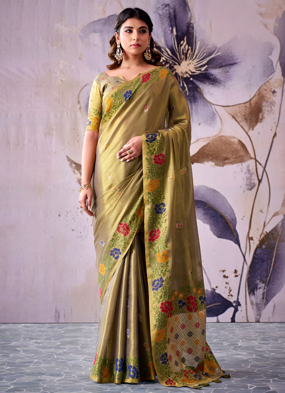 Tissue Silk Green Printed Border Work Saree for Festival - Buy Online