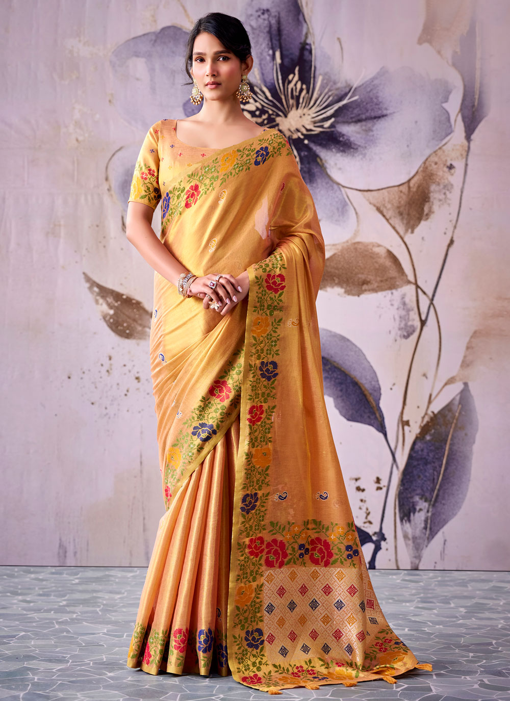 Printed and Border Work Tissue Silk Trendy Saree in Peach - Buy Online