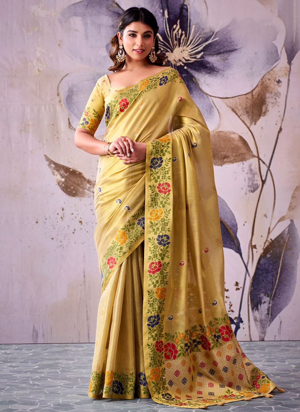 Yellow Tissue Silk Border Work Contemporary Saree - Buy Online