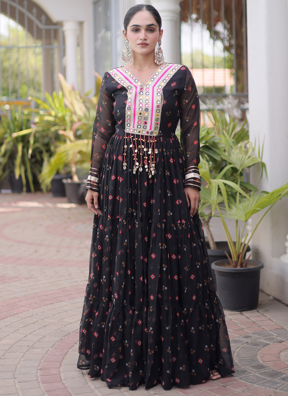 Black Faux Georgette Printed and Patchwork Trendy Gown - Buy Online