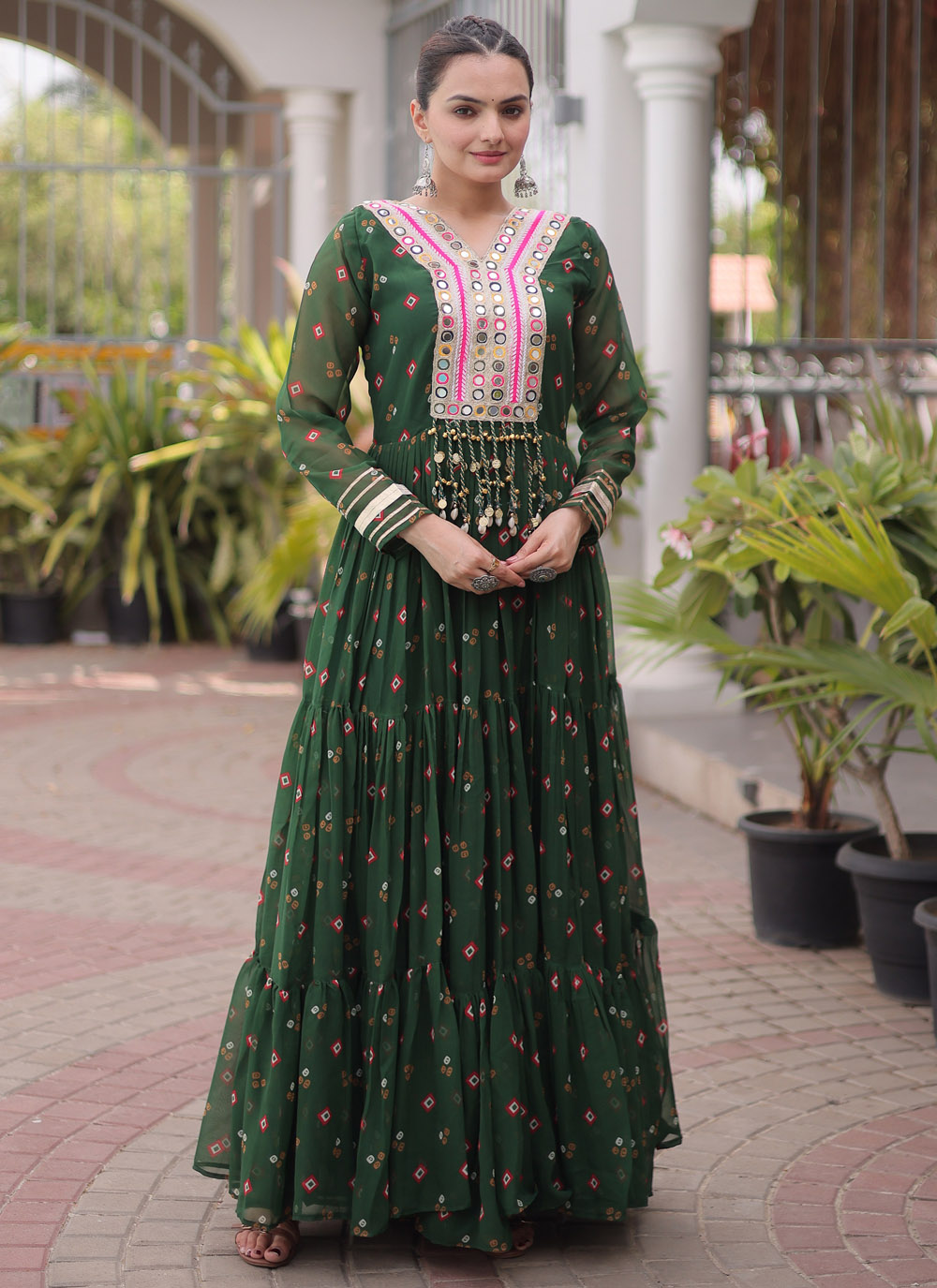 Green Printed Faux Georgette Readymade Festival Gown - Buy Online