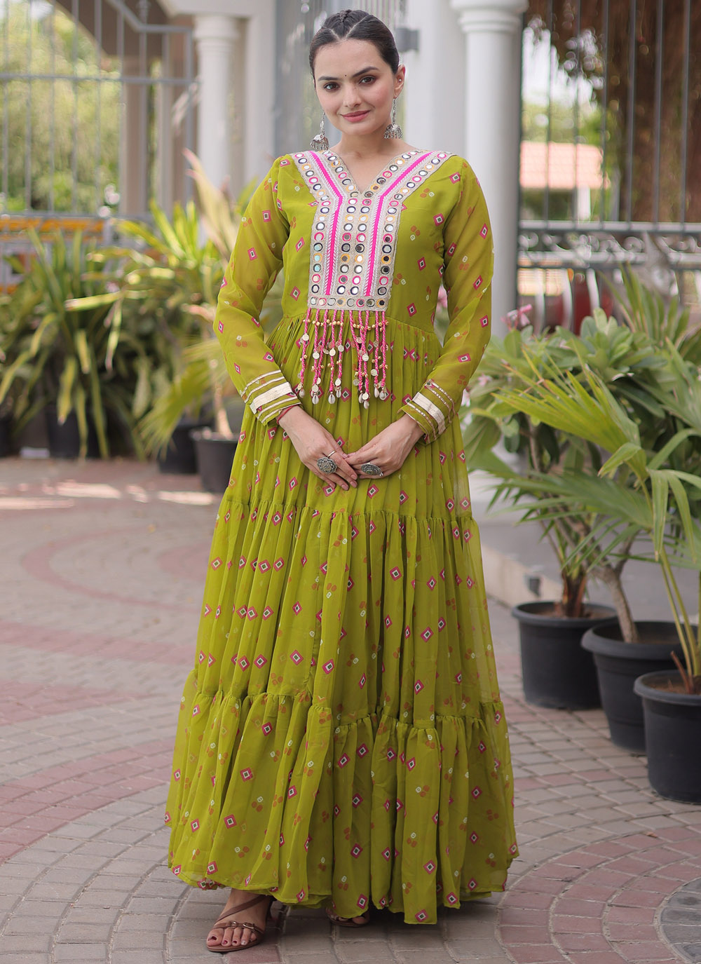 Faux Georgette Green Patchwork and Printed Designer Gown - Buy Online