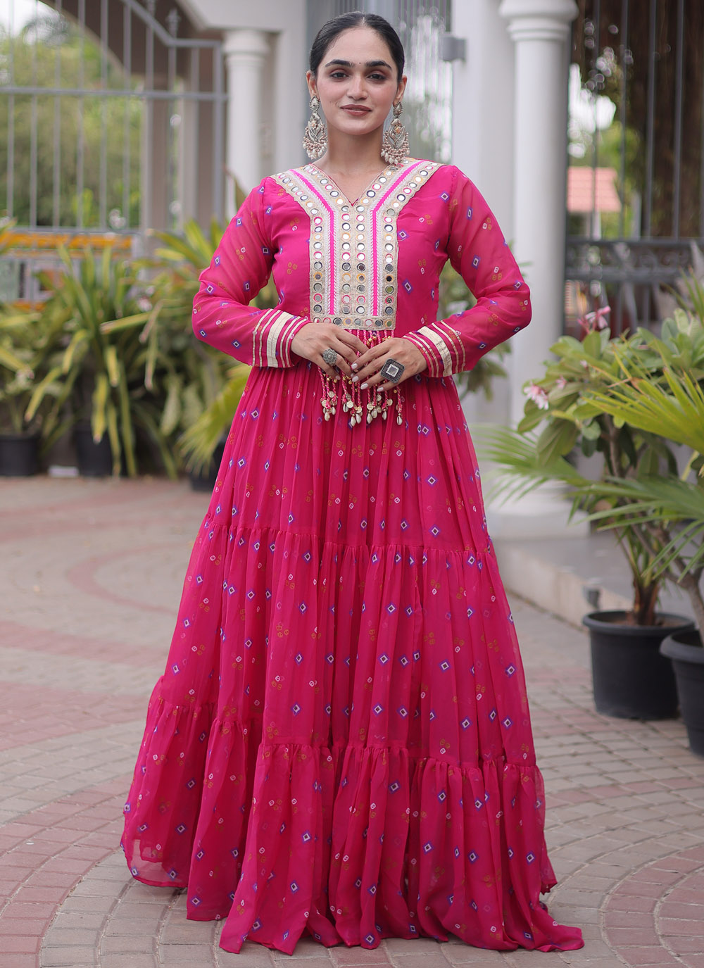 Pink Faux Georgette Patchwork Readymade Gown for Festival - Buy Online