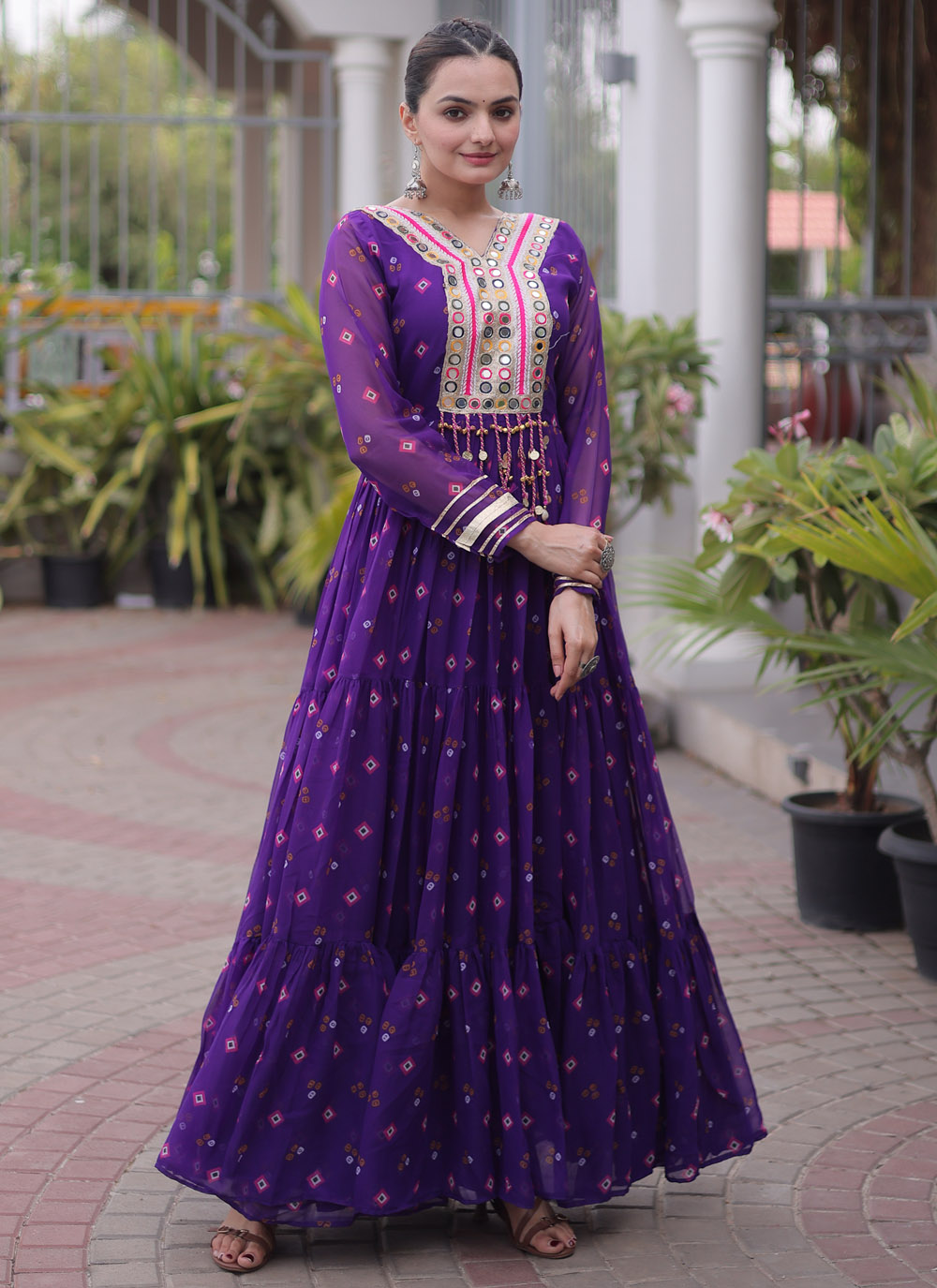 Faux Georgette Print and Patchwork Designer Gown in Purple - Buy Online