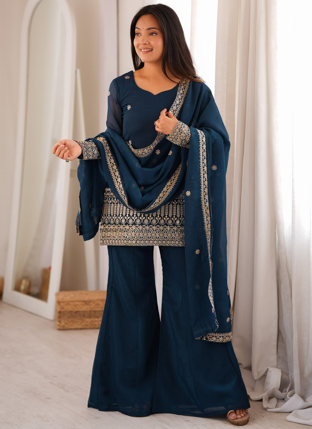 Teal Crunchy Silk Zari Embroidered Readymade Salwar Suit - Buy Online