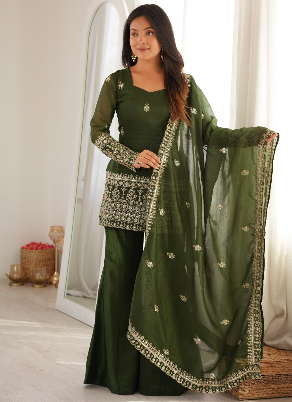 Crunchy Silk Green Sequins Embroidered Palazzo Salwar Kameez - Buy Online