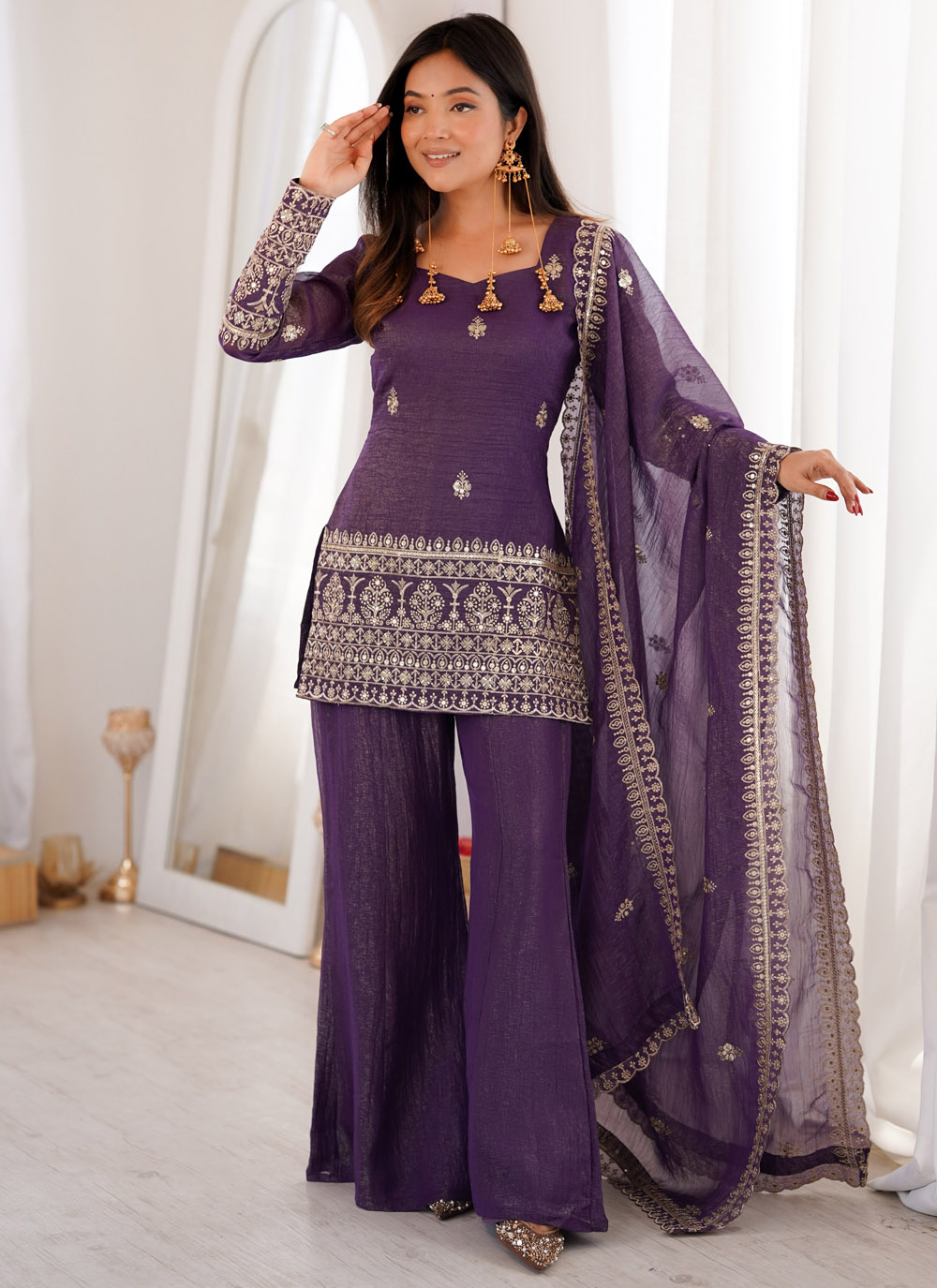 Purple Zari Embroidered Crunchy Silk Readymade Salwar Suit - Buy Online