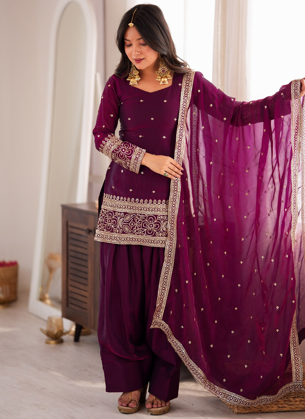 Wine Fandy Silk Sequins Zari Embroidered Trendy Salwar Suit - Buy Online