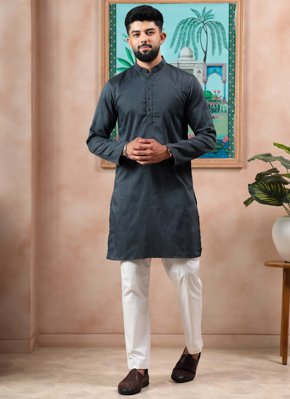 Grey Woven Cotton Festival Kurta Pyjama - Buy Online