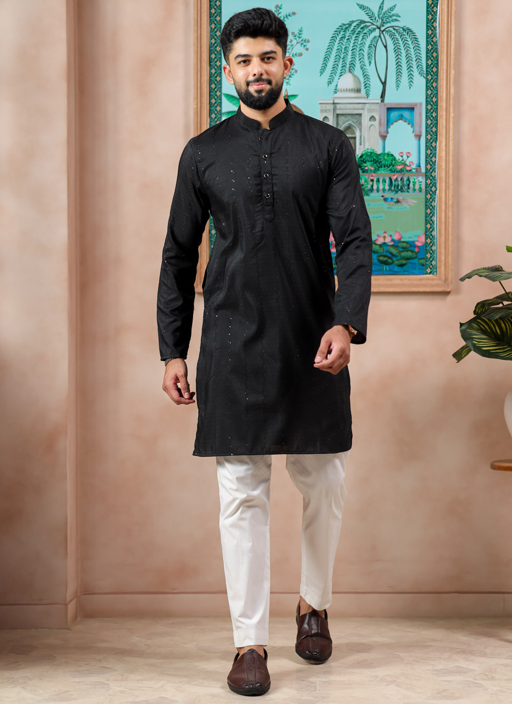 Cotton Woven Kurta Pyjama in Black - Buy Online