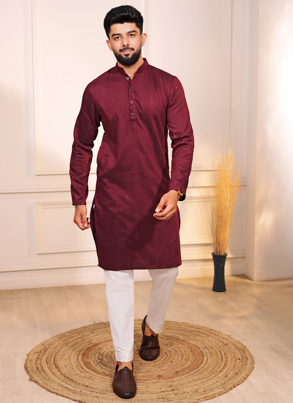 Maroon Cotton Woven Kurta Pyjama for Festival - Buy Online