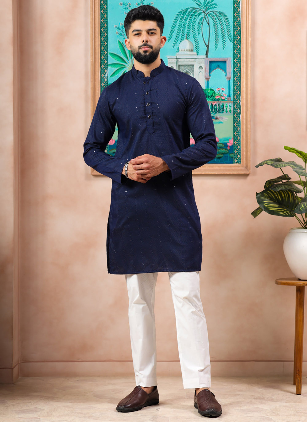 Woven Work Blue Kurta Pyjama in Cotton - Buy Online