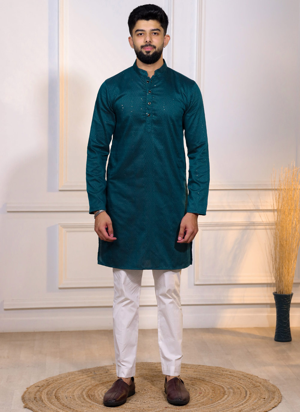 Teal Cotton Woven Work Festival Trendy Kurta Pyjama - Buy Online