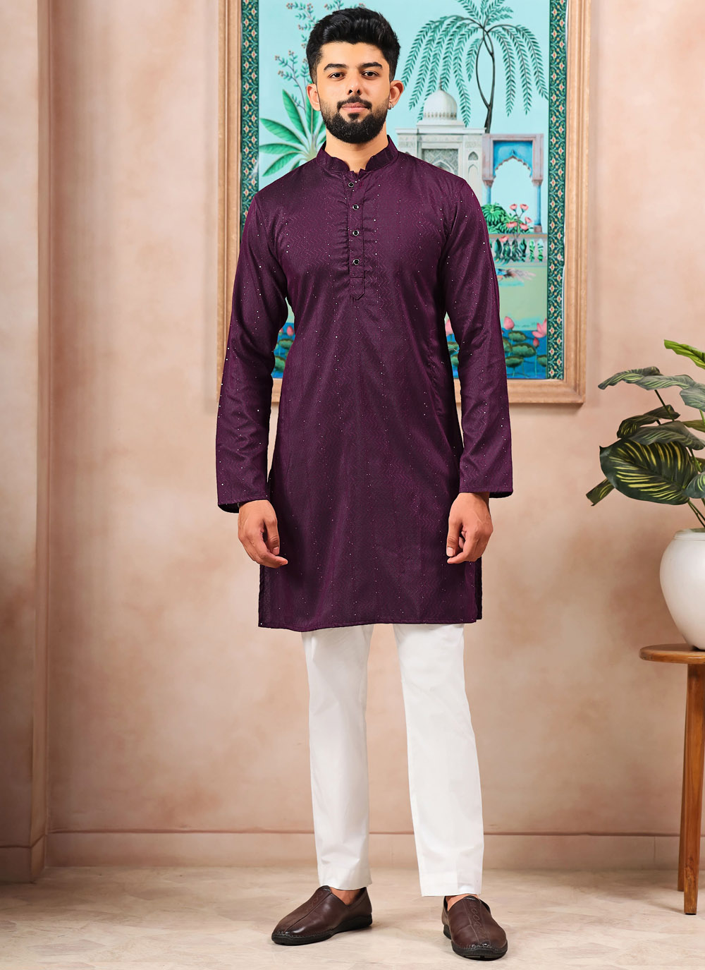 Cotton Wine Kurta Pyjama with Woven Work - Buy Online