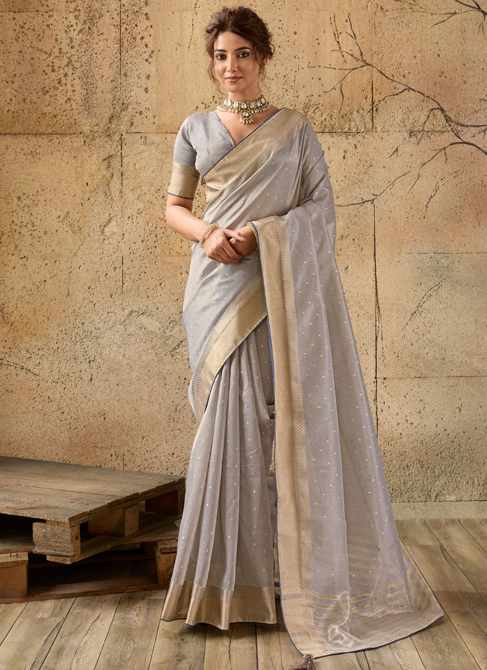 Tissue Linen Zari Border Work Classic Saree in Grey - Buy Online