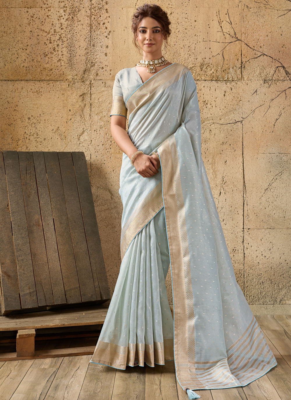 Turquoise Zari Border Work Linen Casual Wear Saree - Buy Online