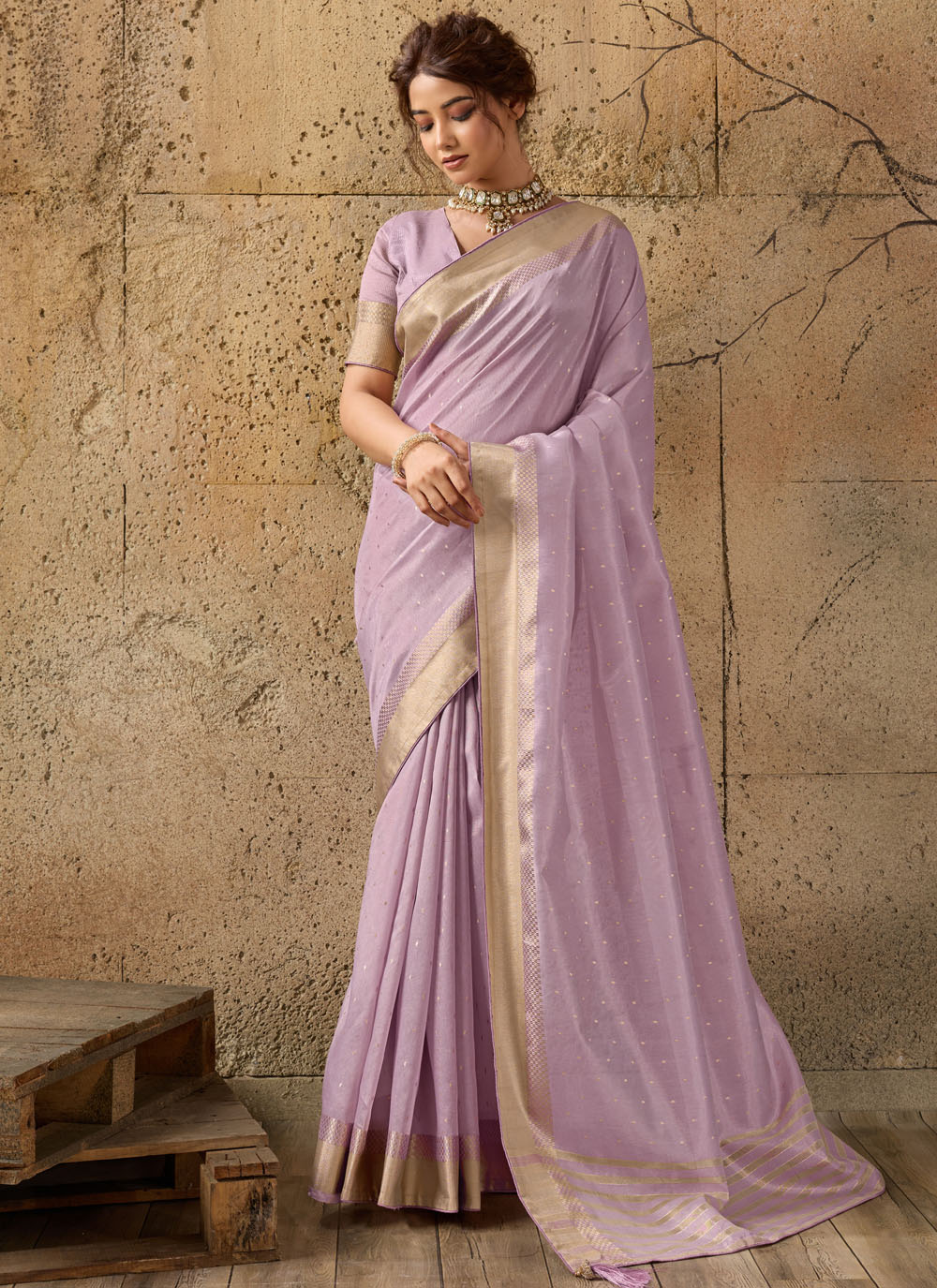 Tissue Linen Lavender Border Work Contemporary Saree - Buy Online