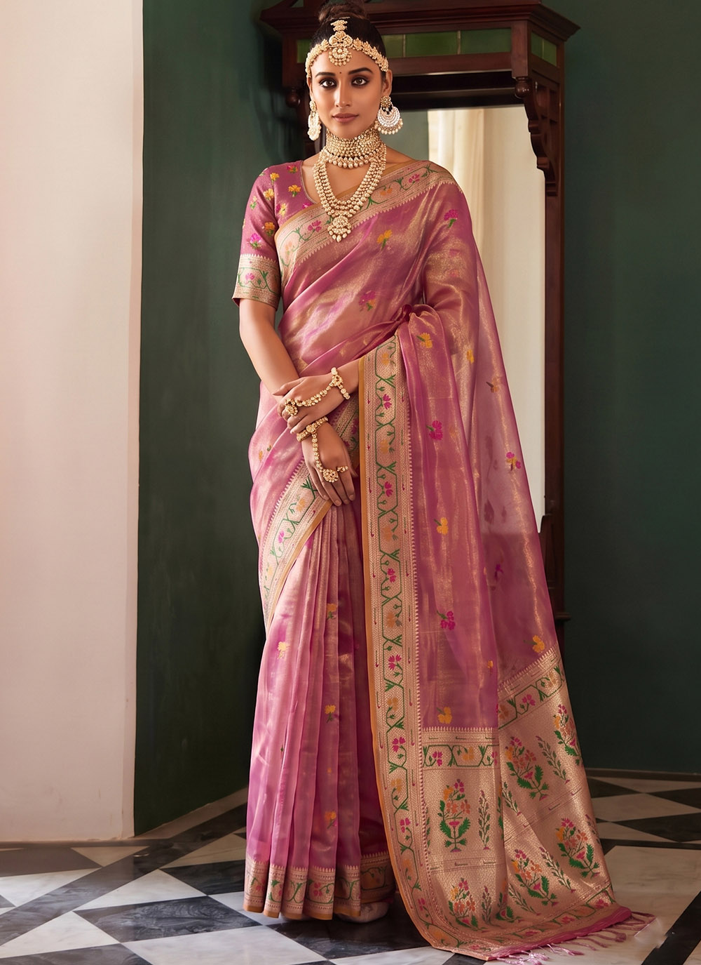 Pink Woven Silk Tissue Trendy Saree - Buy Online