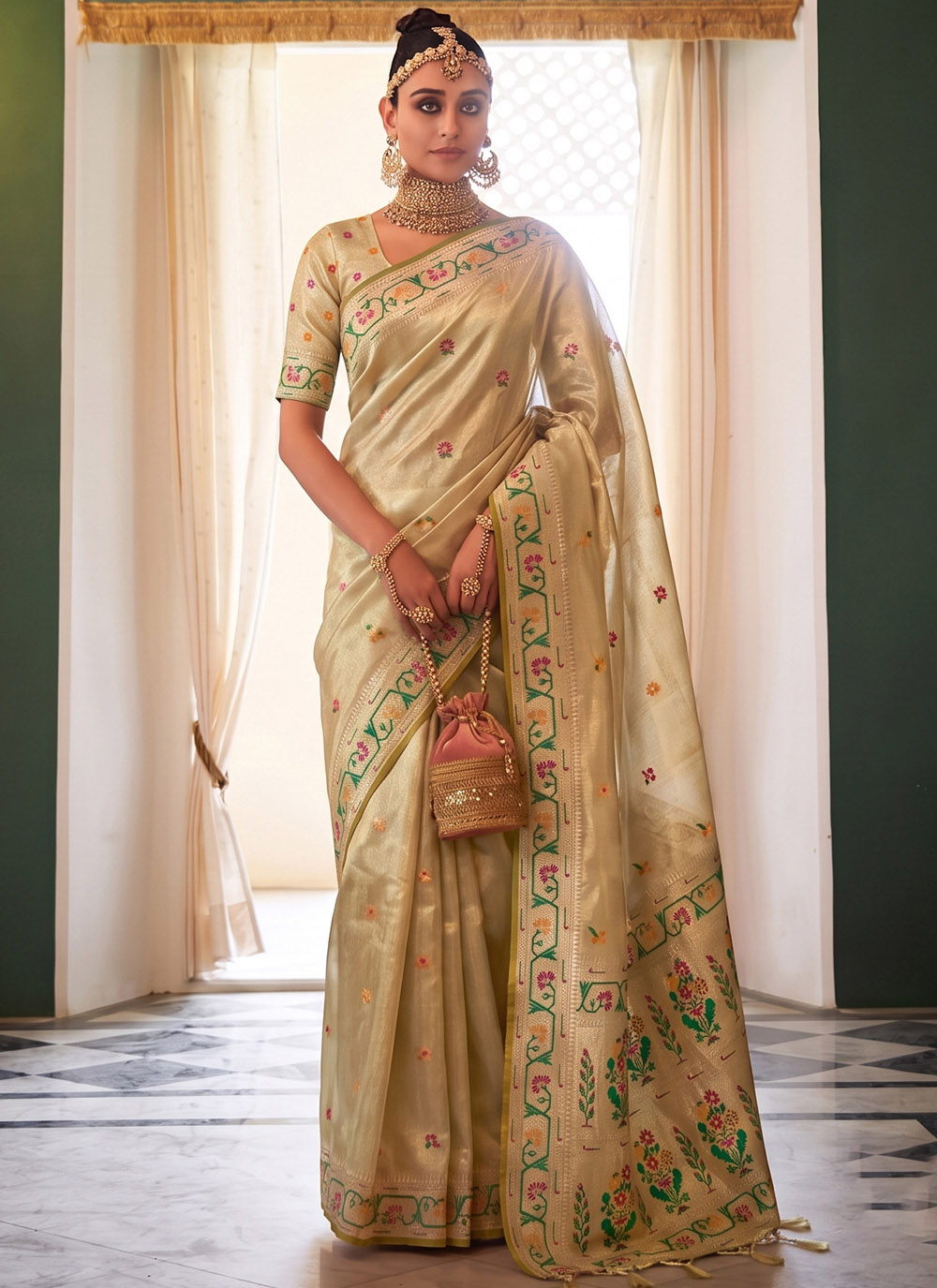 Beige Tissue Silk Woven Classic Saree for Festival - Buy Online