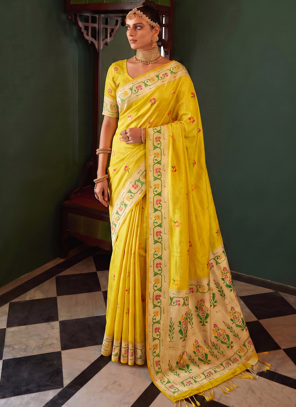 Yellow Tissue Silk Woven Work Traditional Saree - Buy Online