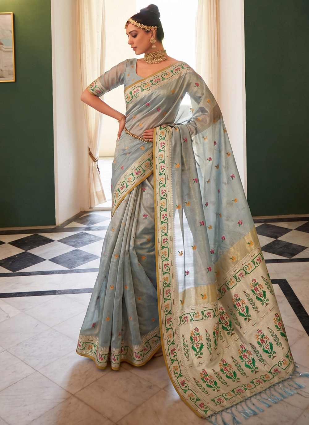 Silk Woven Work Contemporary Saree in Grey - Buy Online