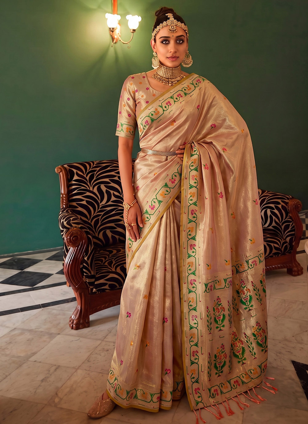 Peach Tissue Silk Classic Saree with Woven Work - Buy Online