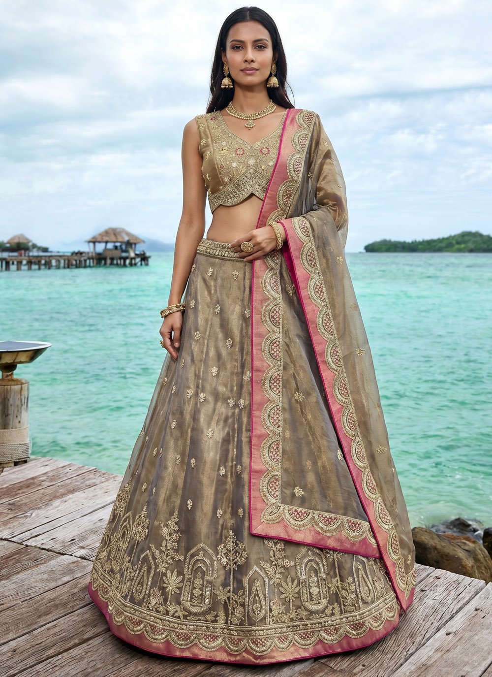 Brown Tissue Embroidered Lehenga Choli for Engagement - Buy Online