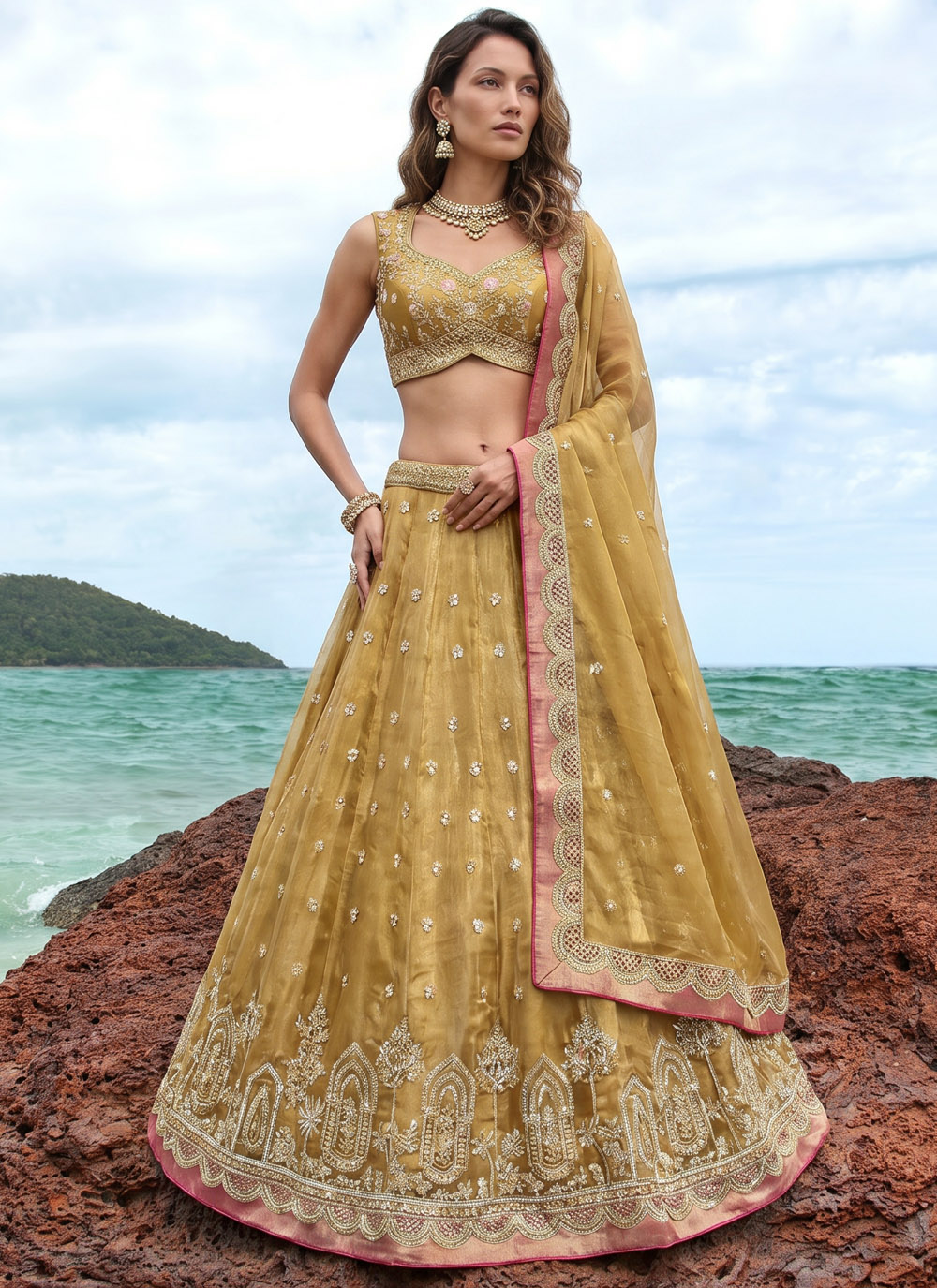 Tissue Embroidered Mustard Wedding Function Lehenga Choli - Buy Online