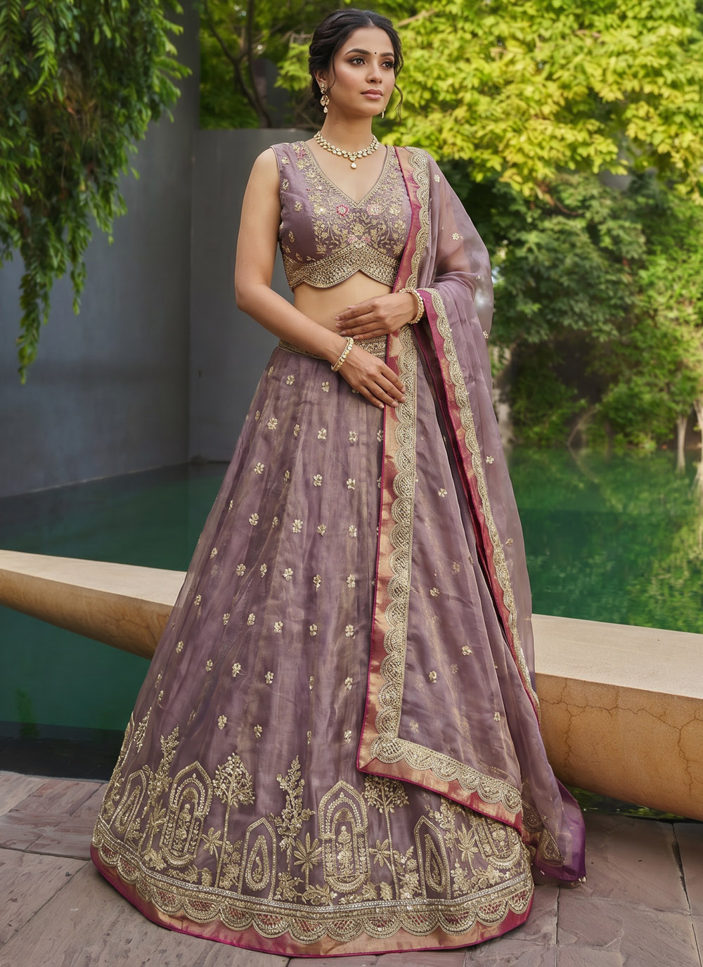 Embroidered Purple Tissue Designer Lehenga Choli - Buy Online