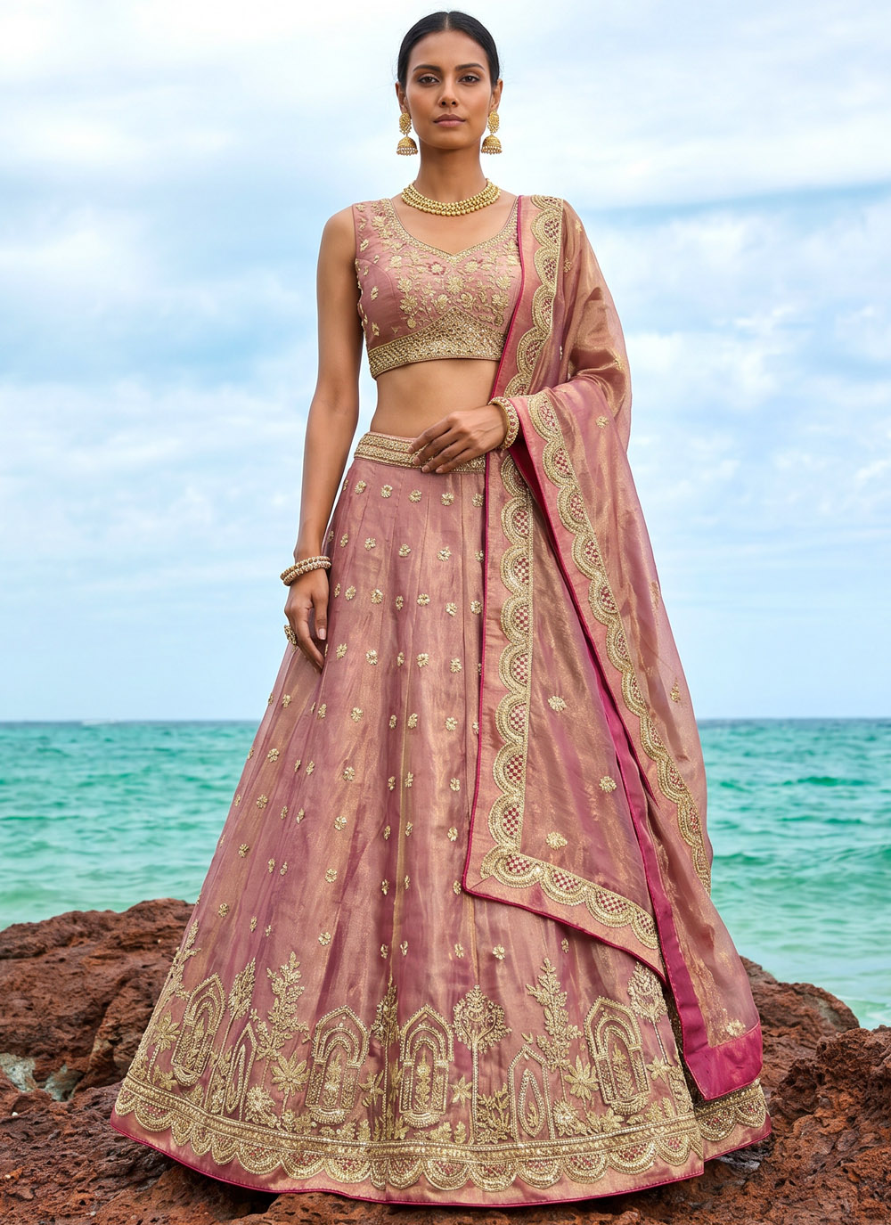 Tissue Pink Embroidered Trendy Lehenga Choli for Wedding - Buy Online