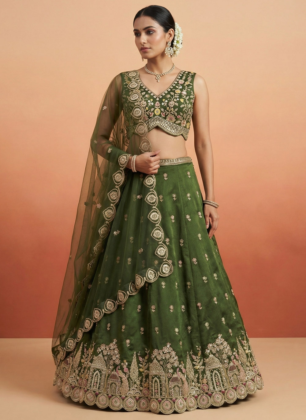 Chinon Green Sequins Embroidered Ceremonial Lehenga Choli - Buy Online