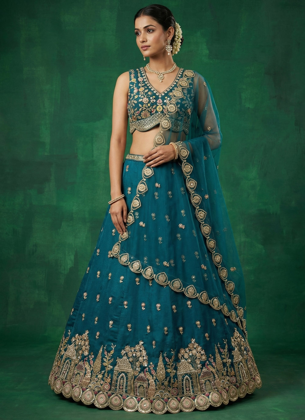 Teal Chinon Embroidered Sequins Work Reception Lehenga Choli - Buy Online