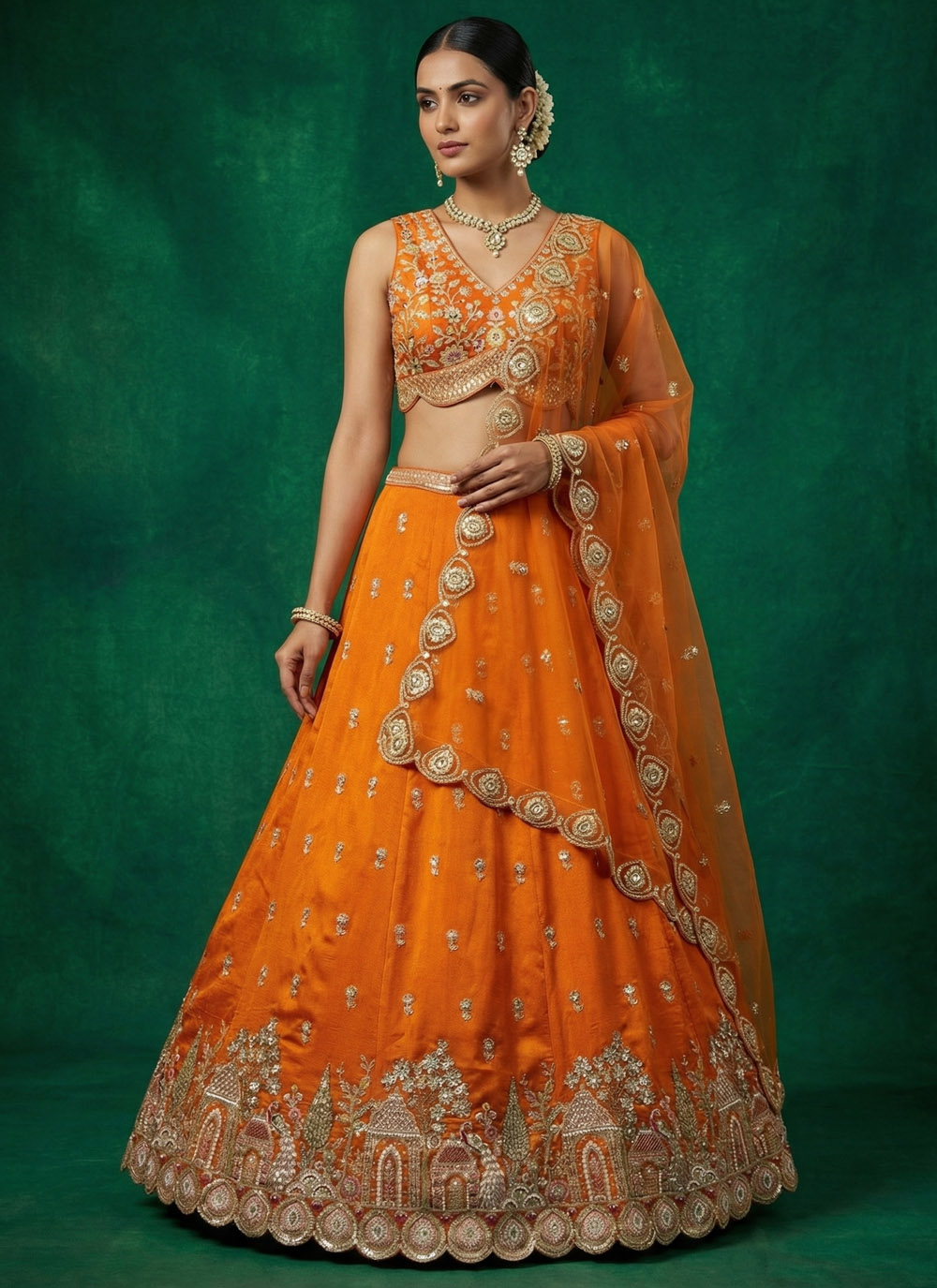 Embroidered Chinon Wedding Lehenga Choli in Orange - Buy Online