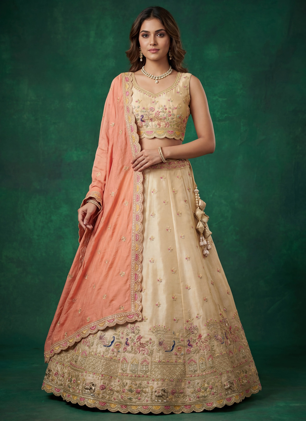 Beige Tissue Embroidered Trendy Lehenga Choli - Buy Online