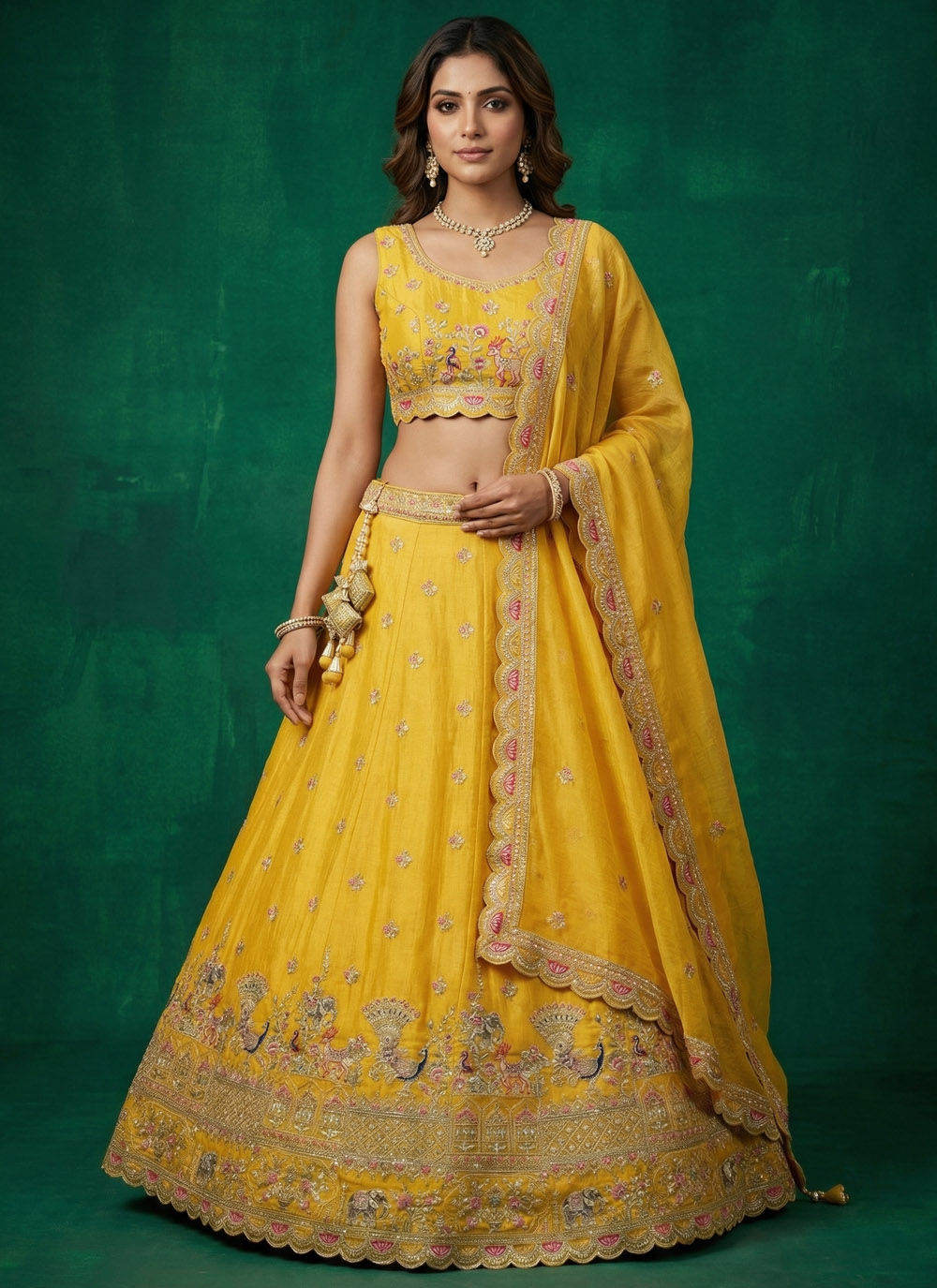 Tissue Embroidered Yellow Haldi Function Lehenga Choli - Buy Online
