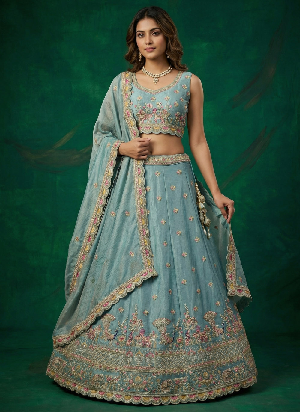 Turquoise Embroidered Tissue Lehenga Choli for Reception - Buy Online