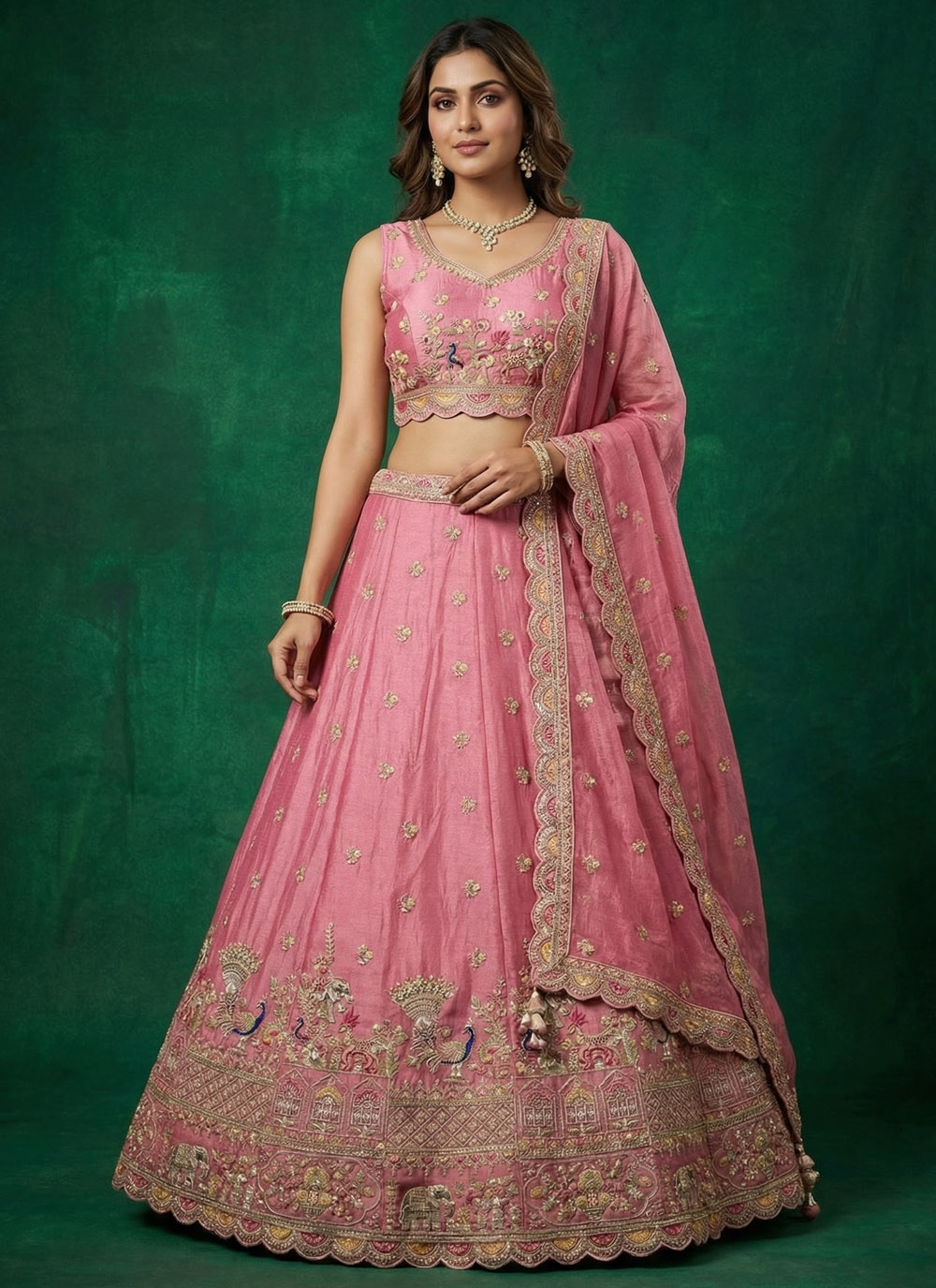 Embroidered Pink Tissue Designer Wedding Lehenga Choli - Buy Online