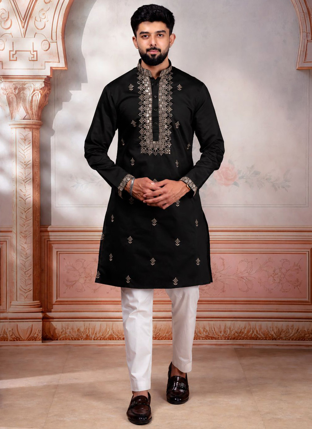 Cotton Black Embroidered Kurta Pyjama - Buy Online