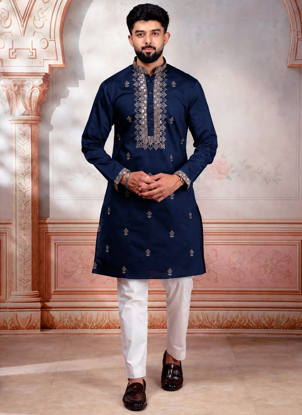 Navy Blue Cotton Embroidered Designer Kurta Pyjama - Buy Online