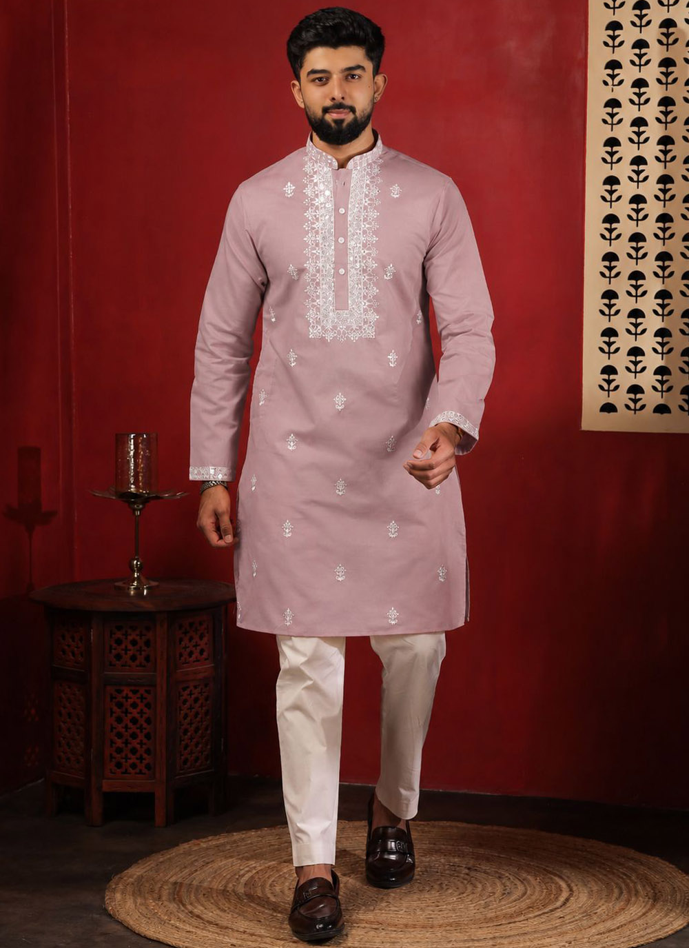 Embroidered Cotton Pink Festival Kurta Pyjama - Buy Online