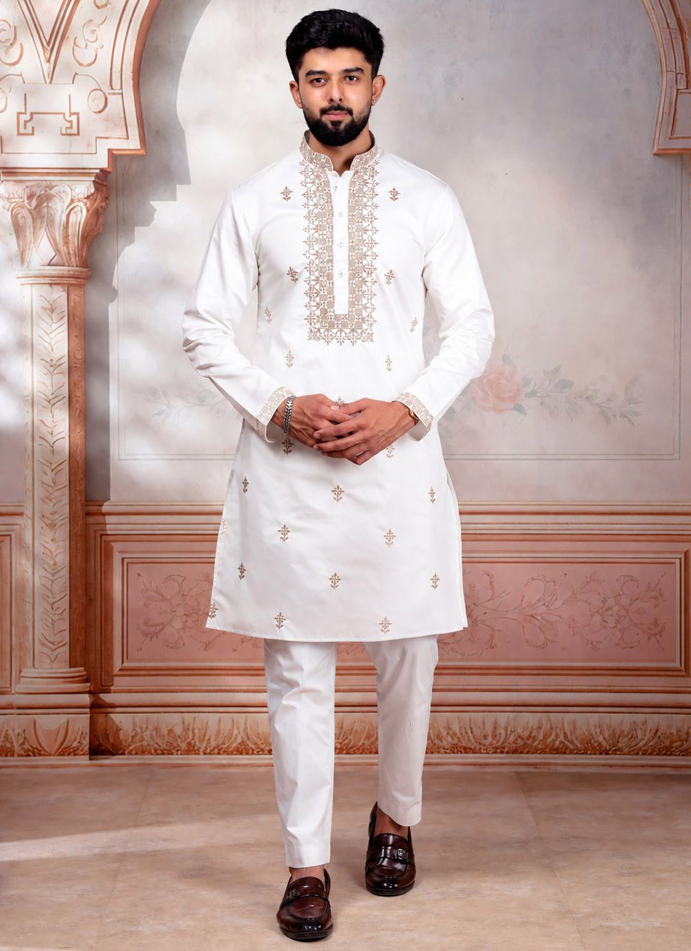 White Embroidered Kurta Pyjama in Cotton - Buy Online