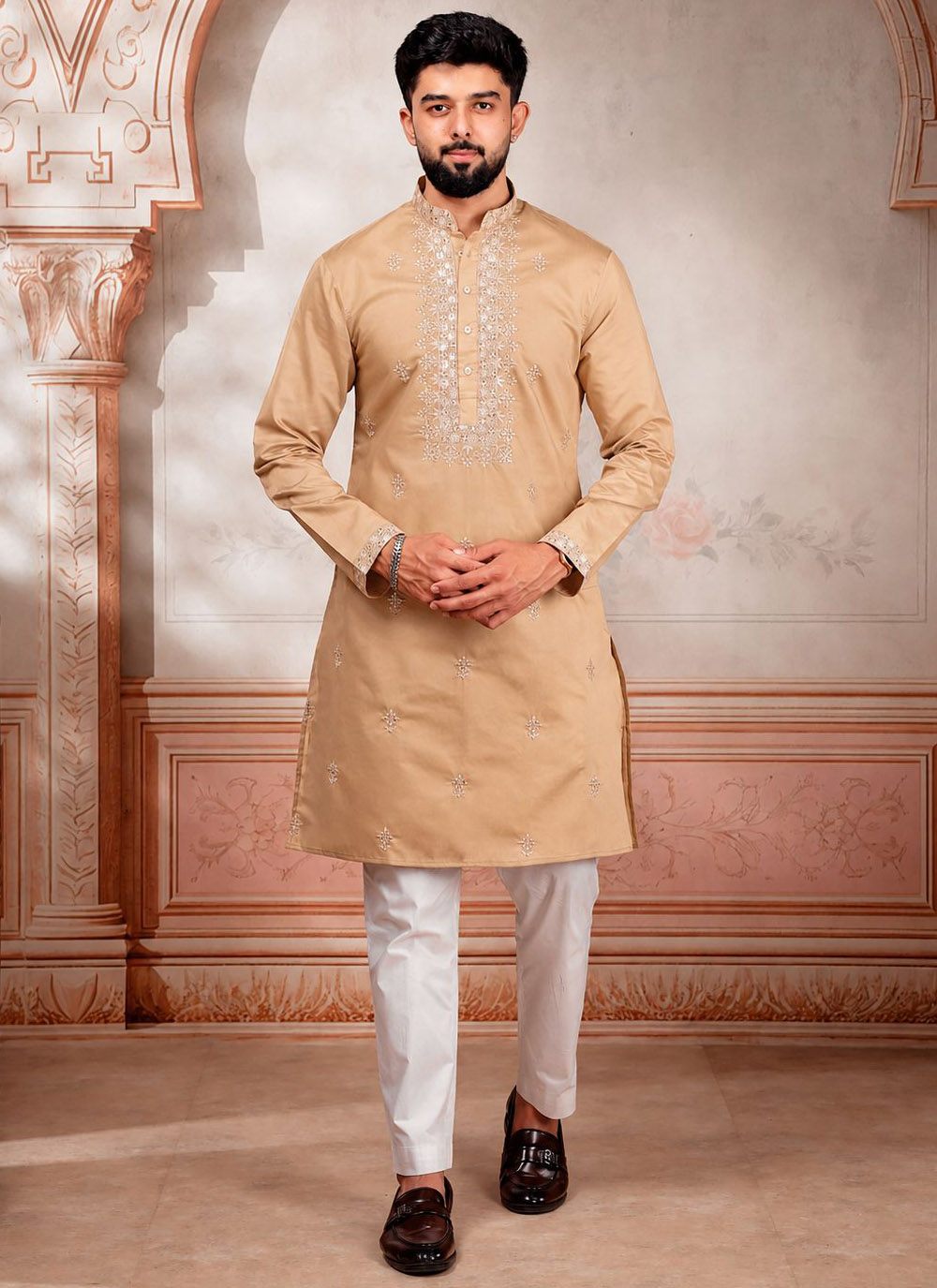 Cotton Brown Embroidery Work Kurta Pyjama for Men - Buy Online